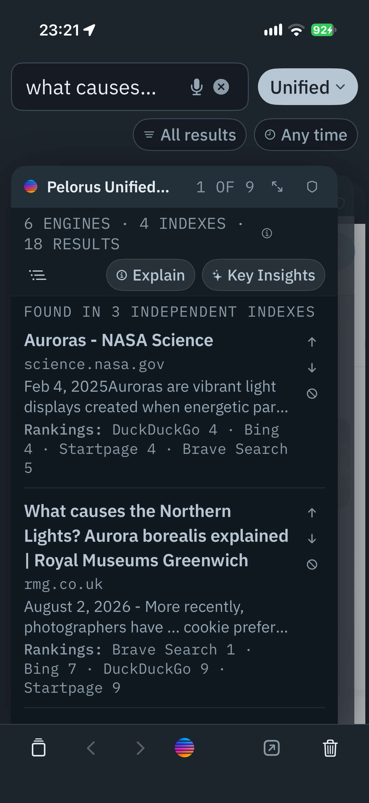 Pelorus on iPhone. A Unified Search for “what causes the northern lights”, with the top result marked as found in three independent indexes.